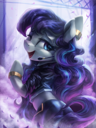 Size: 3000x4000 | Tagged: safe, artist:vanillaghosties, derpibooru import, coloratura, earth pony, pony, beautiful, bipedal, bracelet, clothes, concept art, crossover, cute, female, jacket, jewelry, k/da, kai'sa, league of legends, looking at you, looking back, looking back at you, mare, midriff, open mouth, pants, plot, ponified, rarabetes, shirt, solo