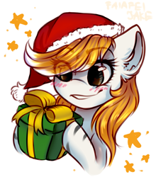 Size: 2307x2617 | Tagged: safe, artist:falafeljake, derpibooru import, oc, oc only, oc:silver hush, pony, blushing, christmas, cute, female, hat, holiday, mare, ocbetes, present, santa hat, simple background, smiling, solo, white background