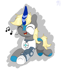 Size: 3265x3850 | Tagged: safe, artist:kimjoman, derpibooru import, oc, oc only, oc:maplewood, cyborg, kirin, amputee, commission, cute, eyes closed, kirin-ified, male, music notes, open mouth, prosthetic leg, prosthetic limb, prosthetics, simple background, singing, solo, species swap, white background