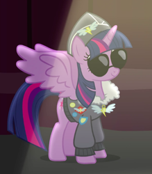 Size: 444x507 | Tagged: safe, derpibooru import, screencap, twilight sparkle, twilight sparkle (alicorn), alicorn, pony, testing testing 1-2-3, ancient wonderbolts uniform, clothes, commander easy glider, cropped, female, fleece jacket, hat, jacket, mare, outfit catalog, smiling, solo, spread wings, sunglasses, uniform, wings
