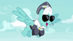 Size: 1280x720 | Tagged: safe, derpibooru import, screencap, pegasus, pony, testing testing 1-2-3, ancient wonderbolts uniform, background pony, clothes, commander easy glider, fleece jacket, flying, hat, high note, jacket, male, open mouth, solo, spread wings, stallion, sunglasses, uniform, wings