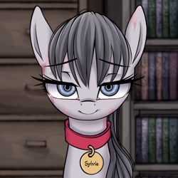 Size: 1384x1385 | Tagged: safe, artist:coinpo, derpibooru import, earth pony, pony, bangs, book, bookshelf, bust, collar, dresser, female, filly, life with a slave: teaching feeling (video game), looking at you, ponified, scar, smiling, solo, sylvie