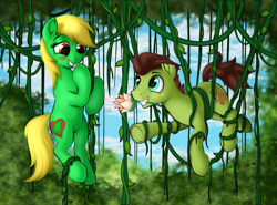 Size: 2093x1547 | Tagged: safe, artist:awalex, derpibooru import, oc, oc:jungle heart, oc:wildlife, earth pony, pony, blush sticker, blushing, digital art, female, feminism, flower, freckles, friendship troopers, heartwarming, jungle, looking at each other, male, mare, mouth hold, oc x oc, offering, requested art, shipping, stallion, straight, tangled up, vine