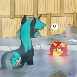 Size: 1181x1181 | Tagged: safe, artist:dyonys, derpibooru import, oc, oc only, oc:angelo, oc:maya yamato, pony, unicorn, blushing, curved horn, female, fog, horn, hot springs, male, mare, scar, spa, stallion, water, wet mane, yamangelo