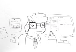 Size: 1679x1142 | Tagged: safe, artist:tjpones, derpibooru import, oc, oc only, oc:tjpones, earth pony, pony, :, computer, desk portrait, ear fluff, glasses, grayscale, lineart, looking at you, male, monitor, monochrome, necktie, self portrait, simple background, solo, stallion, stubble, traditional art, white background, wide eyes