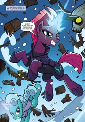 Size: 702x1011 | Tagged: safe, artist:tonyfleecs, derpibooru import, idw, glitter drops, tempest shadow, pony, timber wolf, unicorn, nightmare knights, spoiler:comic, spoiler:comicnightmareknights02, armor, clothes, duo, eye scar, female, kicking, mare, official comic, scar, scarf, sparking horn, speech bubble