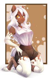 Size: 2655x3922 | Tagged: safe, artist:suelix, derpibooru import, oc, oc only, oc:sundae, anthro, earth pony, unguligrade anthro, anthro oc, armpits, clothes, solo, white hair