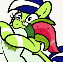Size: 839x837 | Tagged: safe, artist:sjart117, derpibooru exclusive, derpibooru import, oc, oc only, oc:miles bright, oc:watermelana, pony, animated, biting, butt, butt bite, butt touch, chewing, duo, duo female, eating, eye shimmer, female, flank, gif, gift art, glasses, hoof on butt, mare, munching, nibbling, nom, plot, silly, simple background, white background, zoned out