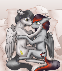 Size: 2200x2500 | Tagged: artist needed, safe, derpibooru import, oc, oc:ion sparkplug, oc:toshiro, bat pony, pegasus, pony, vampire, vampony, bat pony oc, gay, lust, male, obsession, shipping, stallion