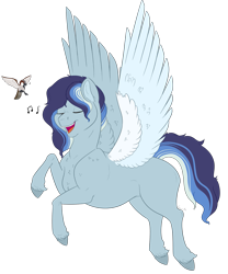 Size: 1377x1652 | Tagged: safe, artist:ganashiashaka, derpibooru import, oc, oc:rainy sky, bird, pegasus, pony, eyes closed, female, mare, music notes, offspring, parent:rainbow dash, parent:thunderlane, parents:thunderdash, simple background, singing, solo, transparent background, unshorn fetlocks