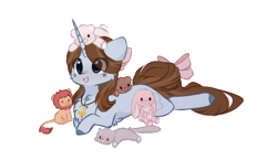 Size: 1212x704 | Tagged: safe, artist:little-sketches, derpibooru import, oc, oc:anday, pony, unicorn, bow, chibi, female, mare, plushie, prone, simple background, solo, tail bow, transparent background