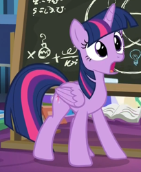 Size: 606x738 | Tagged: safe, derpibooru import, screencap, twilight sparkle, twilight sparkle (alicorn), alicorn, pony, best gift ever, book, chalkboard, cropped, female, mare, open mouth, solo