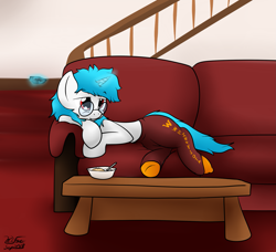 Size: 1827x1665 | Tagged: safe, artist:the-furry-railfan, derpibooru import, oc, oc only, oc:minty candy, pony, unicorn, bed mane, bowl, breakfast, cereal, clothes, food, glasses, lazy, magic, milk, pants, remote, socks, sofa, stairs, sweatpants, table, telekinesis, watching tv