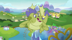 Size: 1280x720 | Tagged: safe, derpibooru import, screencap, sludge (g4), spike, dragon, father knows beast, balcony, duo, flying, male, ponyville, winged spike