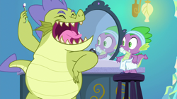 Size: 1280x720 | Tagged: safe, derpibooru import, screencap, sludge (g4), spike, dragon, father knows beast, bad teeth, bathroom, duo, male, mirror, open mouth, rotten teeth, smiling, stool, teeth, toothbrush, toothpaste, towel, winged spike