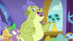 Size: 1280x720 | Tagged: safe, derpibooru import, screencap, sludge (g4), spike, dragon, father knows beast, duo, flower, male, smiling, vase, when he smiles, window, winged spike