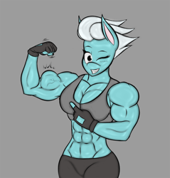 Size: 2342x2450 | Tagged: safe, artist:calm wind, artist:matchstickman, derpibooru import, fleetfoot, anthro, 1000 years in photoshop, abs, biceps, breasts, busty fleetfoot, clothes, fleetflex, flexing, gloves, muscles, no tail, one eye closed, sports bra, wingless, wingless anthro, wink, workout outfit