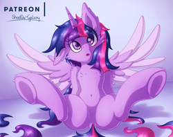 Size: 2900x2300 | Tagged: safe, artist:shad0w-galaxy, derpibooru import, twilight sparkle, twilight sparkle (alicorn), alicorn, pony, adorasexy, adorkable, belly button, blushing, chest fluff, cute, dork, ear fluff, female, fluffy, hooves, horn, mare, open mouth, sexy, solo, spread legs, spread wings, spreading, wings