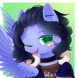 Size: 2000x2000 | Tagged: safe, artist:leafywind, derpibooru import, oc, oc only, oc:justly sky, pegasus, pony, bandaid, bust, clothes, cute, ear piercing, female, looking at you, mare, one eye closed, piercing, portrait, solo, stars, tongue out, wink