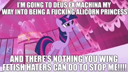 Size: 1920x1080 | Tagged: safe, derpibooru import, edit, edited screencap, screencap, twilight sparkle, unicorn twilight, pony, unicorn, lesson zero, caption, deus ex machina, excessive exclamation marks, female, glow, image macro, implied alicorn, mare, solo, text, vulgar