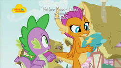 Size: 1024x576 | Tagged: safe, derpibooru import, screencap, smolder, spike, dragon, father knows beast, confused, dragoness, duo, female, josh haber, male, nickelodeon, opening credits, raised eyebrow, throw pillow, winged spike