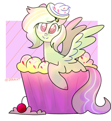 Size: 1177x1291 | Tagged: safe, artist:1racat, derpibooru import, oc, oc:river chime, pegasus, pony, bell, cherry, cupcake, female, food, frosting, mare, solo, wings