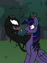 Size: 426x568 | Tagged: safe, artist:spyro-for-life, derpibooru import, twilight sparkle, twilight sparkle (alicorn), alicorn, pony, fanfic:the symbiote, bags under eyes, chest fluff, crossover, drool, fanfic art, fangs, female, grass, mare, marvel, night, open mouth, shocked, solo, symbiote, tongue out, tree, venom, venom (2018)