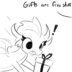 Size: 1280x1280 | Tagged: safe, artist:tjpones, derpibooru import, smolder, dragon, dialogue, dragoness, exclamation point, female, heart, heart eyes, lineart, monochrome, open mouth, present, solo, wingding eyes