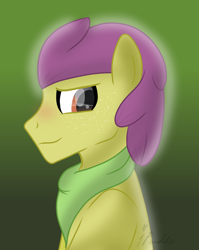 Size: 866x1086 | Tagged: safe, artist:ipandacakes, derpibooru import, oc, oc:apple fritter, earth pony, pony, bust, male, offspring, parent:apple bloom, parent:tender taps, parents:tenderbloom, portrait, solo, stallion