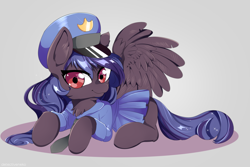 Size: 3000x2000 | Tagged: safe, artist:detectiveneko, derpibooru import, oc, oc only, pegasus, pony, chest fluff, clothes, dress, female, hat, looking at you, mare, necktie, police, police uniform, prone, smiling, solo, wings