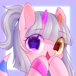 Size: 1500x1500 | Tagged: safe, artist:leafywind, derpibooru import, oc, pony, bust, cute, female, heterochromia, looking at you, mare, open mouth, portrait, solo, starry eyes, surprised, wingding eyes, wristband