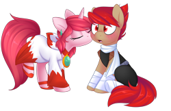 Size: 5460x3539 | Tagged: safe, artist:scarlet-spectrum, derpibooru import, oc, oc only, oc:blitz drive, oc:diamond stellar, earth pony, pony, unicorn, blushing, clothes, commission, cute, drivellar, ear piercing, earring, female, final fantasy, high heels, hoodie, jewel, jewelry, kiss on the cheek, kissing, male, oc x oc, piercing, scarf, shipping, shoes, simple background, straight, surprise kiss, surprised, transparent background, white mage, ych result