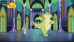 Size: 1024x576 | Tagged: safe, derpibooru import, screencap, sludge (g4), spike, dragon, father knows beast, dancing, duo, eyes closed, logo, male, nick jr., twilight's castle, winged spike