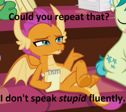 Size: 757x673 | Tagged: safe, derpibooru import, edit, edited screencap, screencap, huckleberry, sandbar, smolder, what lies beneath, cropped, crossed legs, friendship student, reaction image, text