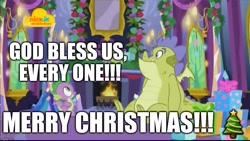 Size: 1024x576 | Tagged: safe, derpibooru import, edit, edited screencap, editor:useraccount, screencap, spike, dragon, father knows beast, a christmas carol, christmas, duo, fireplace, god, hearth's warming, hearth's warming eve, holiday, image macro, meme, religion, winged spike