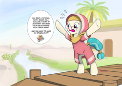 Size: 1032x728 | Tagged: safe, artist:tehwatever, derpibooru import, desert flower, somnambula, earth pony, pony, female, glasses, hijab, implied shipping, mare, robes, solo, somnambula resident, tail wrap