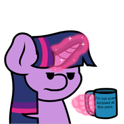 Size: 563x563 | Tagged: safe, artist:ljdamz1119, derpibooru import, twilight sparkle, pony, female, levitation, magic, mare, misspelling, mug, simple background, solo, telekinesis, transparent background, unamused