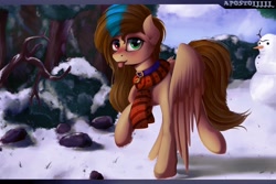 Size: 2560x1706 | Tagged: source needed, safe, artist:apostolllll, derpibooru import, oc, oc only, pegasus, pony, clothes, collar, female, heterochromia, mare, scarf, snow, snowman, solo, tongue out, winter