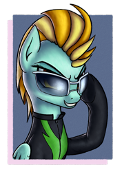 Size: 2749x3888 | Tagged: safe, artist:koshakevich, derpibooru import, lightning dust, pegasus, pony, the washouts (episode), awesome, clothes, cool, female, glasses, mare, simple background, smiling, solo, transparent background, uniform, washouts uniform