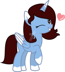 Size: 1600x1761 | Tagged: safe, artist:kojibiose, derpibooru import, oc, oc:imagination ideas, alicorn, pony, alicorn oc, deviantart watermark, female, heart, mare, obtrusive watermark, one eye closed, simple background, solo, transparent background, two toned wings, watermark, wink