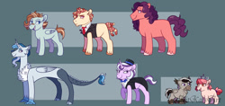 Size: 1024x482 | Tagged: safe, artist:kitkatsart, derpibooru import, oc, oc only, oc:autumn breeze, oc:blueberry, oc:feather dust, oc:muse, oc:mystic curse, oc:peachy punch, oc:rosie posie, draconequus, earth pony, hippogriff, hybrid, pegasus, pony, unicorn, bowtie, cape, clothes, draconequus oc, female, filly, hat, interspecies offspring, jewelry, magical lesbian spawn, male, mare, necktie, next generation, offspring, parent:apple bloom, parent:big macintosh, parent:diamond tiara, parent:discord, parent:dumbbell, parent:gabby, parent:lightning dust, parent:scootaloo, parent:starlight glimmer, parent:sugar belle, parent:tree hugger, parent:trixie, parent:zephyr breeze, parents:diamondbloom, parents:gabbyloo, parents:lightningbell, parents:startrix, parents:sugarmac, parents:trixcord, parents:zephyrhugger, pigtails, stallion, tiara, top hat, unshorn fetlocks, vest, watermark