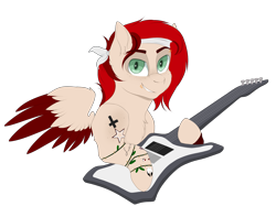 Size: 2069x1627 | Tagged: safe, artist:dollpone, derpibooru import, oc, oc:rhythm feather, pegasus, pony, guitar, male, simple background, solo, stallion, tattoo, transparent background