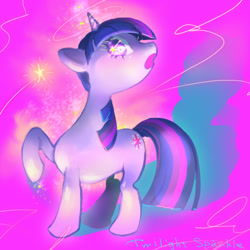 Size: 800x800 | Tagged: safe, artist:mozuright, derpibooru import, twilight sparkle, unicorn twilight, pony, unicorn, female, mare, purple background, raised hoof, simple background, solo