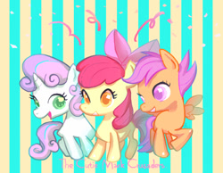 Size: 782x607 | Tagged: safe, artist:mozuright, derpibooru import, apple bloom, scootaloo, sweetie belle, earth pony, pegasus, pony, unicorn, bow, cutie mark crusaders, female, filly, trio