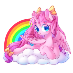 Size: 1500x1500 | Tagged: safe, artist:leafywind, derpibooru import, oc, oc only, oc:mantou, alicorn, pony, alicorn oc, blushing, bow, cloud, cute, female, hair bow, mare, rainbow, simple background, smiling, solo, starry eyes, transparent background, wingding eyes