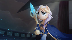 Size: 3200x1800 | Tagged: safe, artist:jeremywithlove, derpibooru import, earth pony, pony, blizzard entertainment, clothes, crossover, female, jaina proudmoore, mage, mare, ponified, sad, solo, staff, video game, warcraft, wizard, world of warcraft