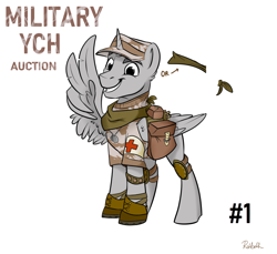Size: 1200x1100 | Tagged: safe, artist:rutkotka, derpibooru import, pony, auction, bandana, boots, camouflage, clothes, combat medic, commission, dog tags, elbow pads, fantasy class, hat, knee pads, male, medic, military, military bronies, military pony, military uniform, saddle bag, satchel, shoes, short sleeves, simple background, smiling, soldier, stallion, uniform, warrior, white background, your character here