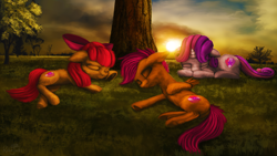 Size: 3840x2160 | Tagged: safe, artist:robsa990, derpibooru import, apple bloom, scootaloo, sweetie belle, earth pony, pegasus, pony, unicorn, cmc day, cutie mark crusaders, eyes closed, female, filly, grass field, sleeping, sunset, tree, underhoof