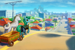 Size: 1000x667 | Tagged: safe, artist:adeptus-monitus, derpibooru import, oc, oc only, oc:lonely day, dog, earth pony, pony, cart, city, cityscape, clothes, ponies after people