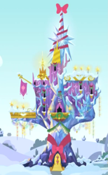 Size: 603x977 | Tagged: safe, derpibooru import, screencap, best gift ever, building, castle, cropped, decoration, no pony, snow, twilight's castle